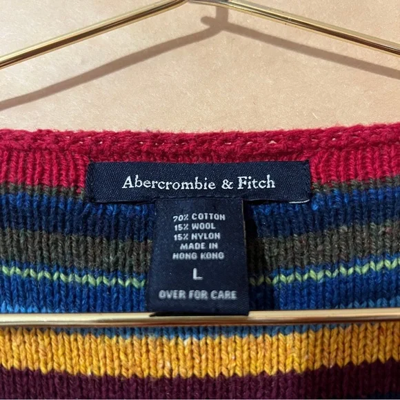 Vintage Abercrombie Stripe Tie Neck Sweater Flare Sleeve Cotton Wool Y2K Size L - Picture 3 of 14